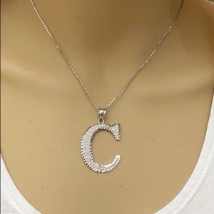 Sterling Silver Initial Letter C Large Pendant Necklace - Diamond Cut